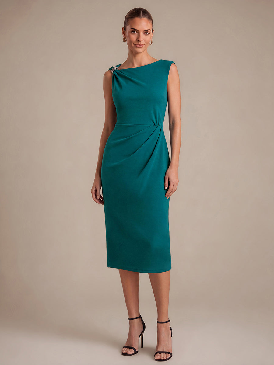 Crepe Sleeveless Sheath Wedding Guest Dress #color_Teal Blue