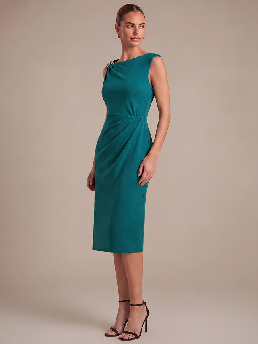 Crepe Sleeveless Sheath Wedding Guest Dress #color_Teal Blue