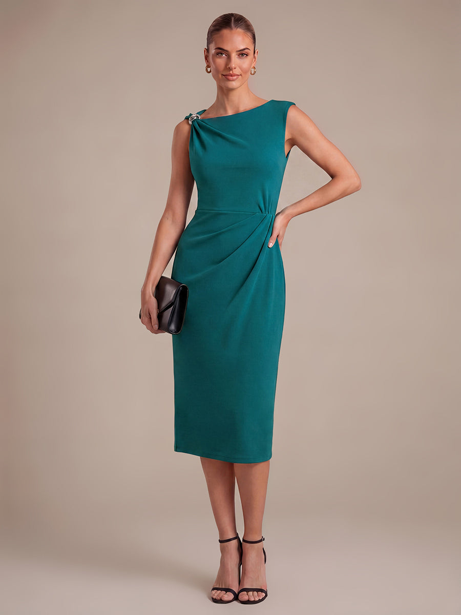 Crepe Sleeveless Sheath Wedding Guest Dress #color_Teal Blue