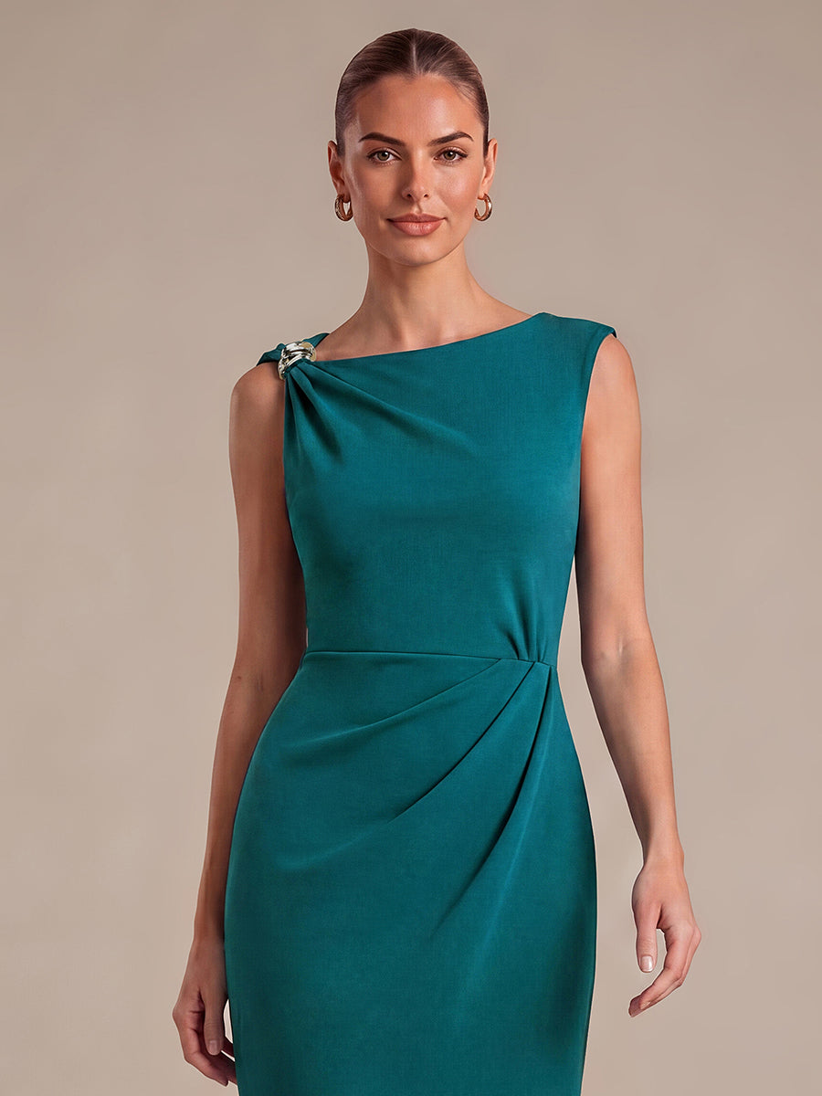 Crepe Sleeveless Sheath Wedding Guest Dress #color_Teal Blue