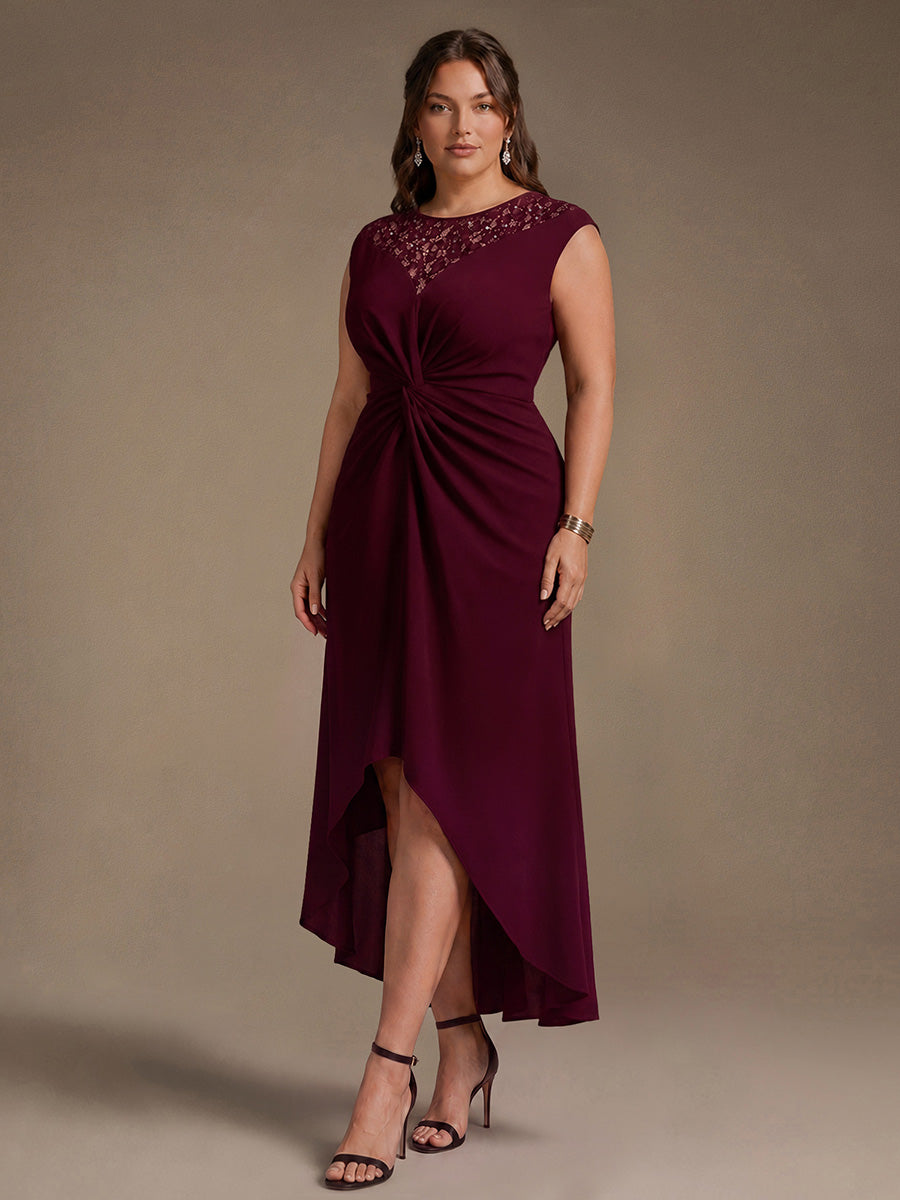 See-through Crepe Cap Sleeve Wedding Guest Dress #color_Burgundy