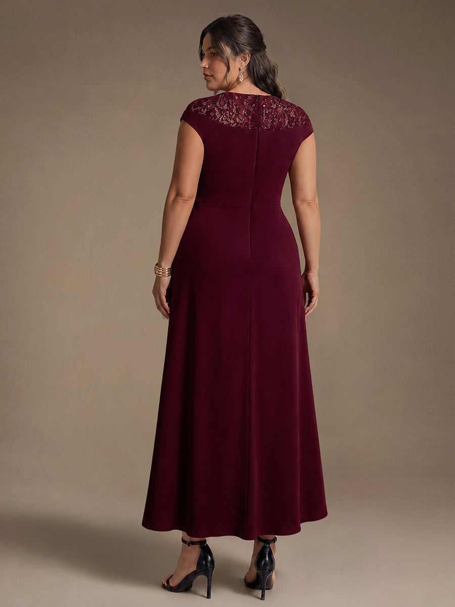 See-through Crepe Cap Sleeve Wedding Guest Dress #color_Burgundy