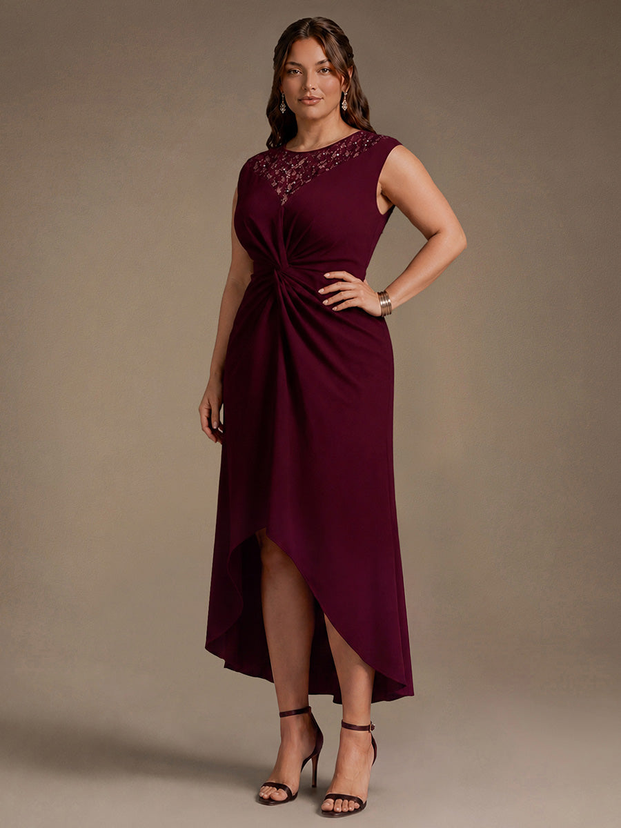 See-through Crepe Cap Sleeve Wedding Guest Dress #color_Burgundy
