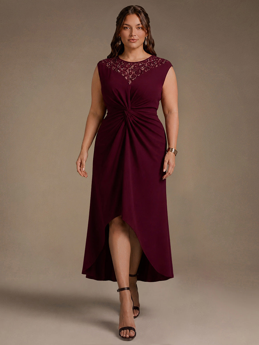 See-through Crepe Cap Sleeve Wedding Guest Dress #color_Burgundy
