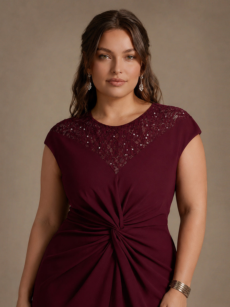 See-through Crepe Cap Sleeve Wedding Guest Dress #color_Burgundy