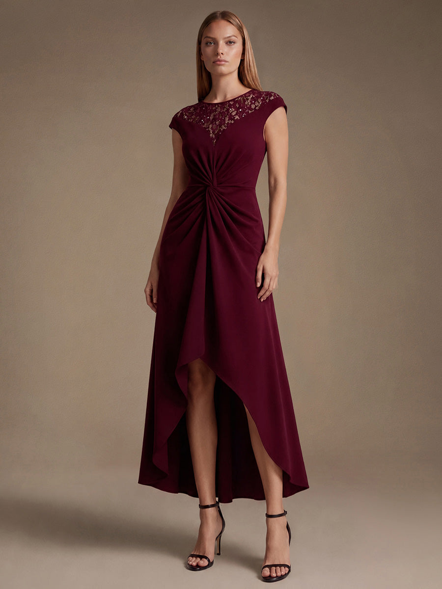 See-through Crepe Cap Sleeve Wedding Guest Dress #color_Burgundy