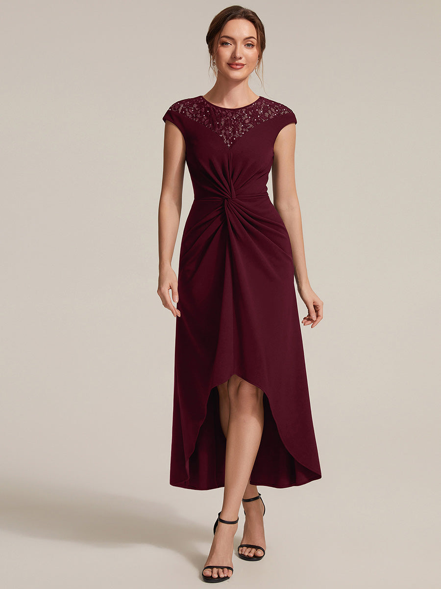 See-through Crepe Cap Sleeve Wedding Guest Dress #color_Burgundy