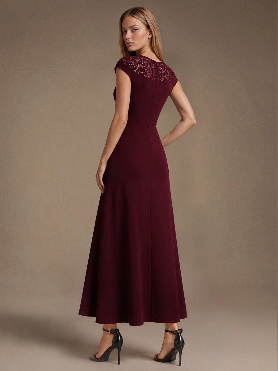 See-through Crepe Cap Sleeve Wedding Guest Dress #color_Burgundy