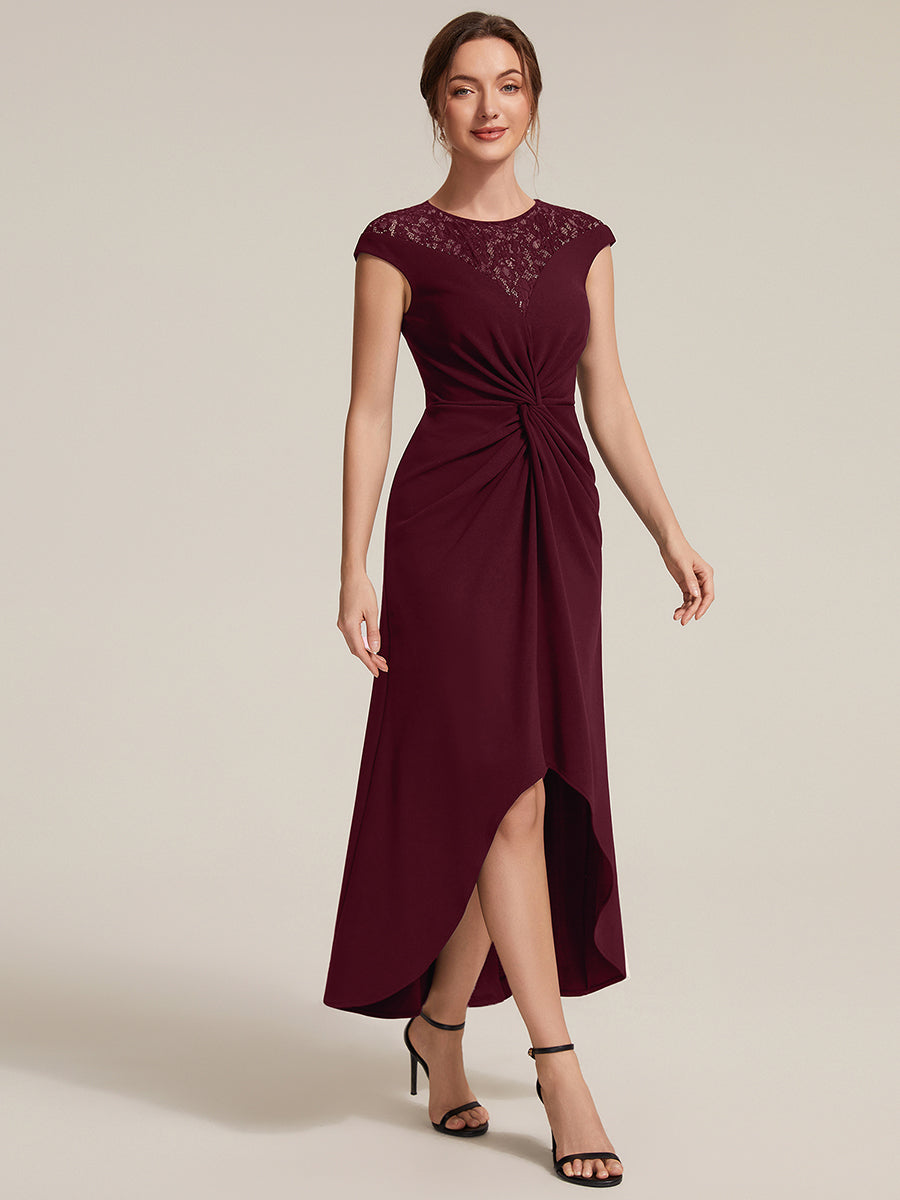 See-through Crepe Cap Sleeve Wedding Guest Dress #color_Burgundy