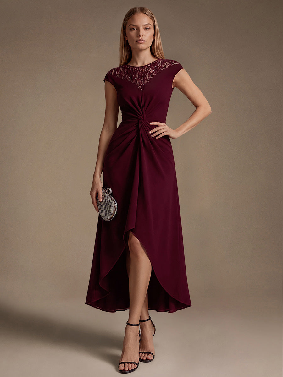 See-through Crepe Cap Sleeve Wedding Guest Dress #color_Burgundy