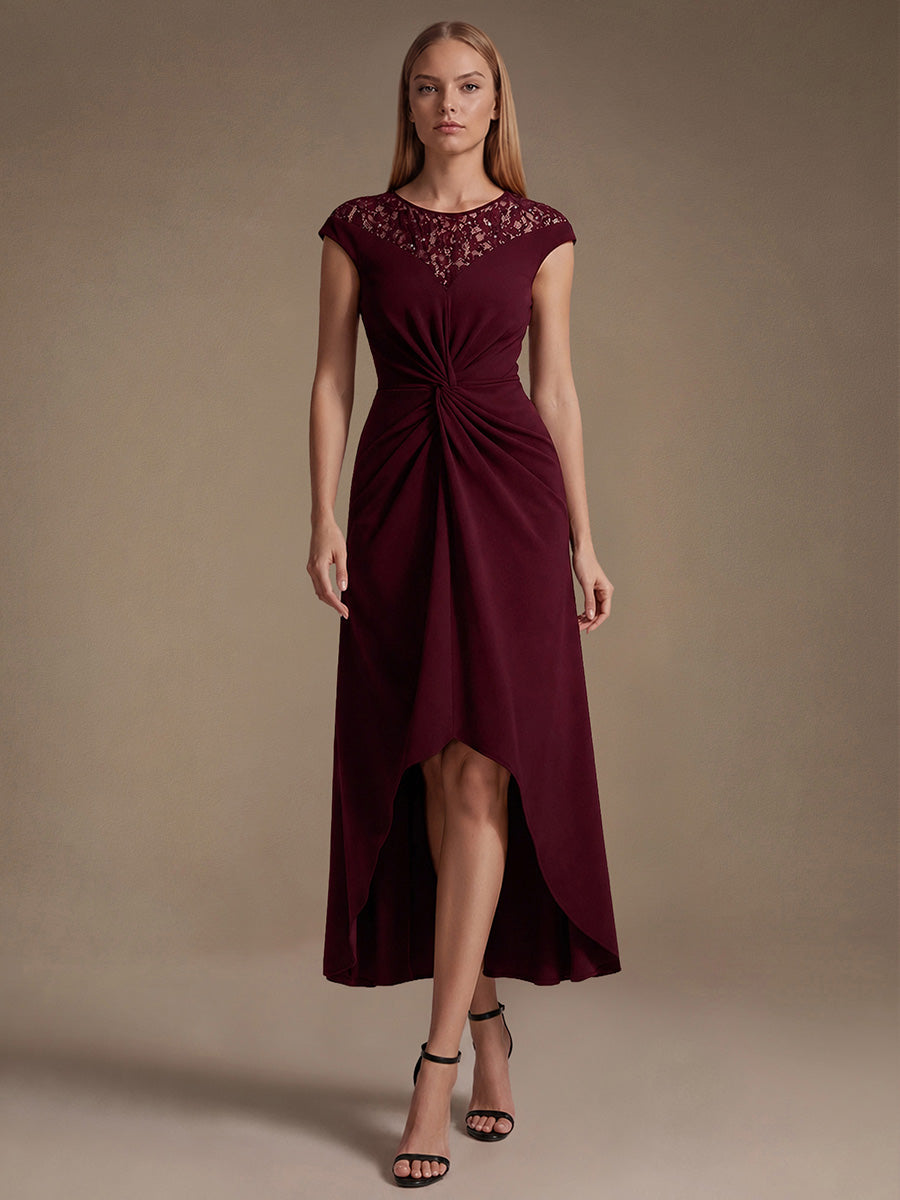 See-through Crepe Cap Sleeve Wedding Guest Dress #color_Burgundy