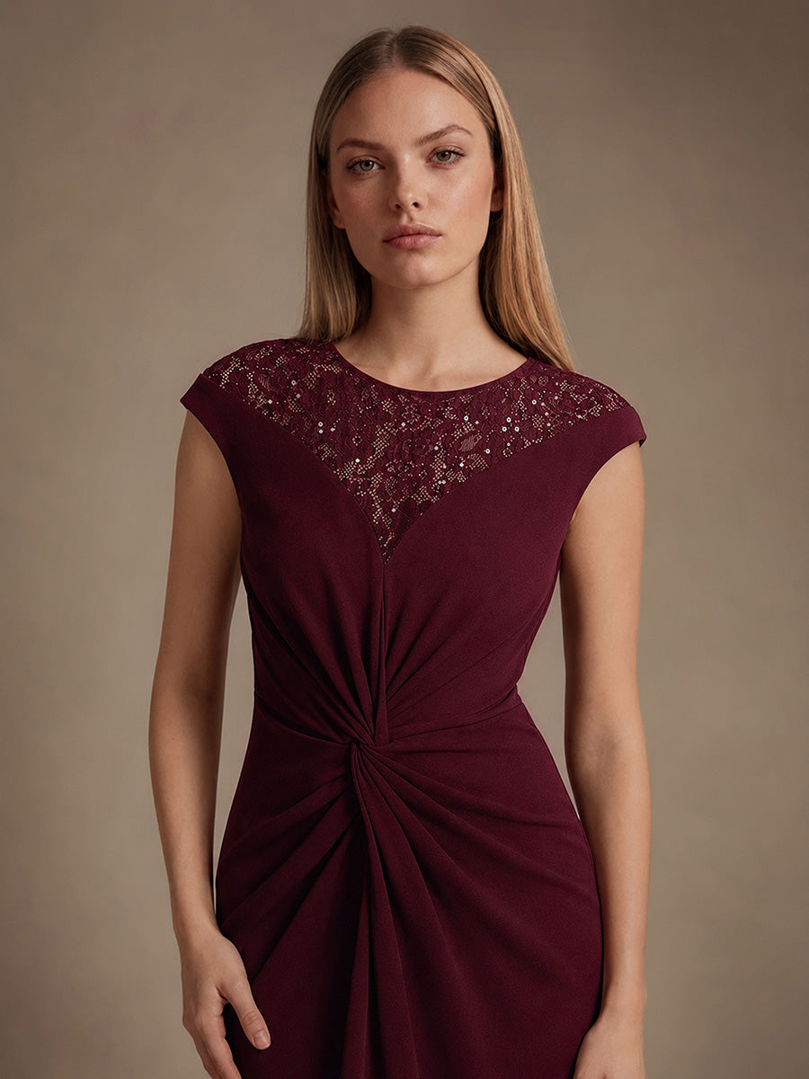 See-through Crepe Cap Sleeve Wedding Guest Dress #color_Burgundy