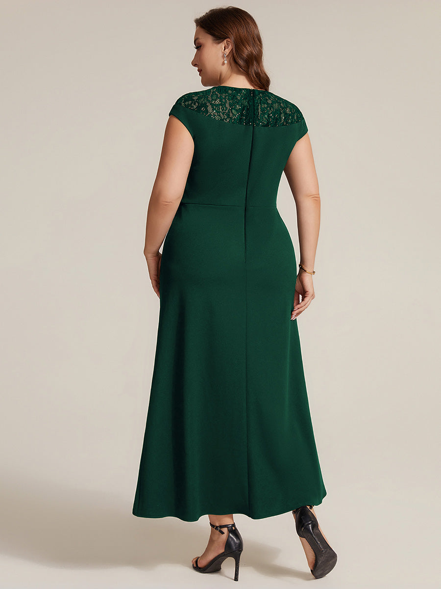 See-through Crepe Cap Sleeve Wedding Guest Dress #color_Dark Green