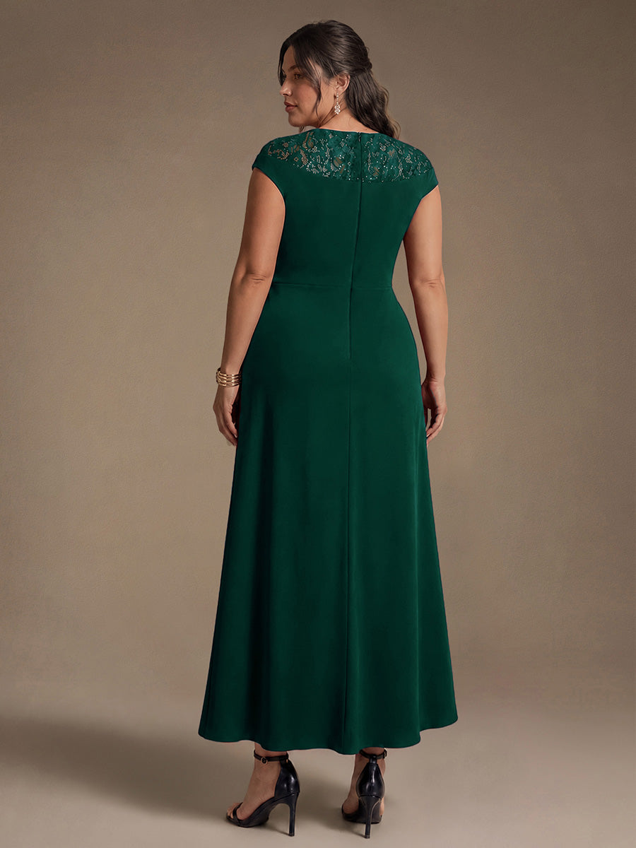 See-through Crepe Cap Sleeve Wedding Guest Dress #color_Dark Green