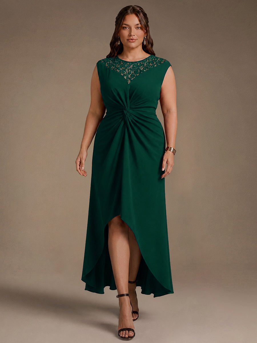 See-through Crepe Cap Sleeve Wedding Guest Dress #color_Dark Green
