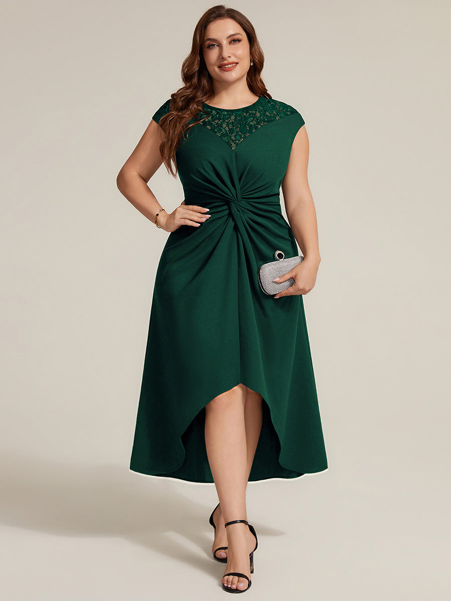 Plus Size Knot Detail High Low Wedding Guest Dress #color_Dark Green