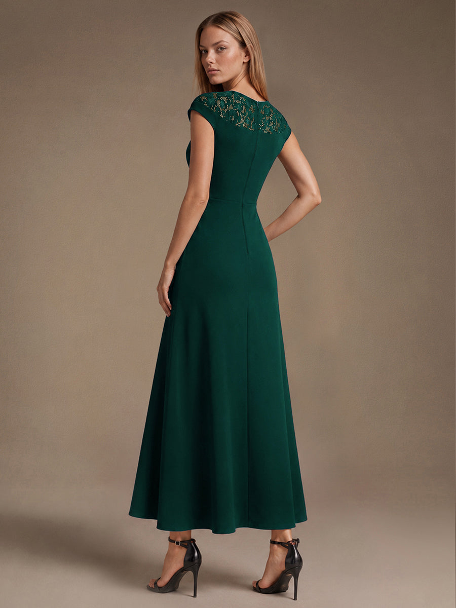 See-through Crepe Cap Sleeve Wedding Guest Dress #color_Dark Green