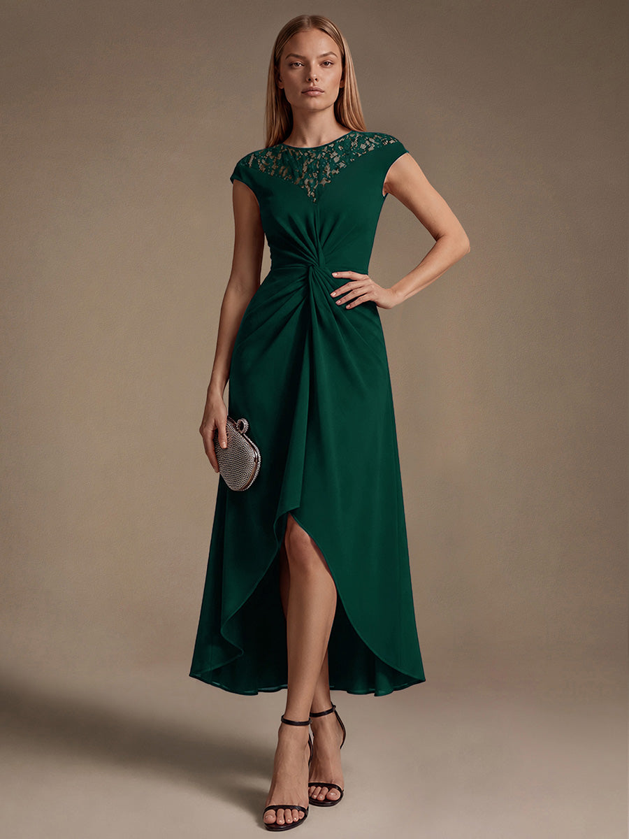 See-through Crepe Cap Sleeve Wedding Guest Dress #color_Dark Green