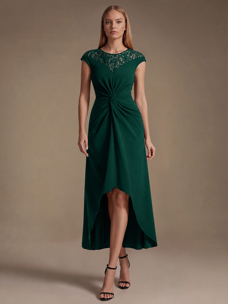 See-through Crepe Cap Sleeve Wedding Guest Dress #color_Dark Green