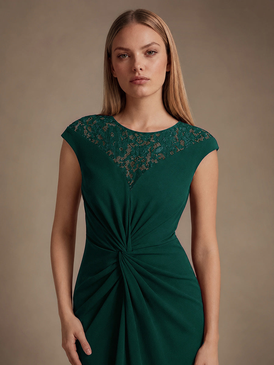 See-through Crepe Cap Sleeve Wedding Guest Dress #color_Dark Green