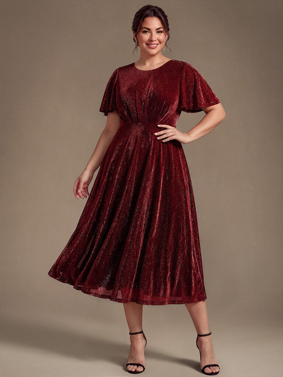 Knit Glitter Ruffles Sleeve A-Line Wedding Guest Dress #color_Burgundy