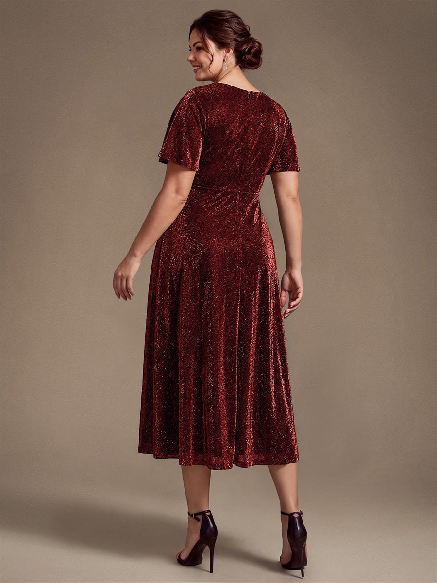 Knit Glitter Ruffles Sleeve A-Line Wedding Guest Dress #color_Burgundy