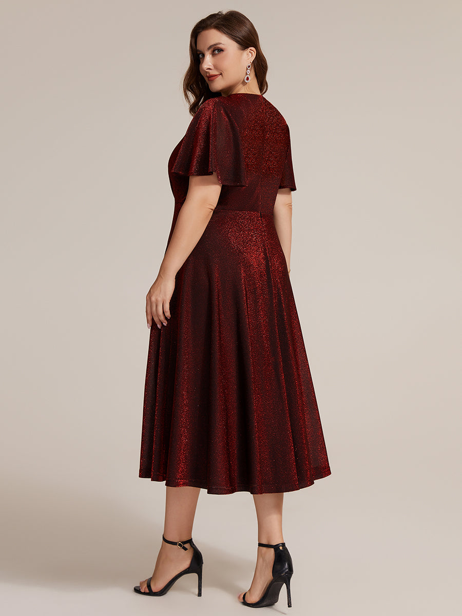 Plus Size Knit Fitted Sleeve Wedding Guest Dress #color_Burgundy