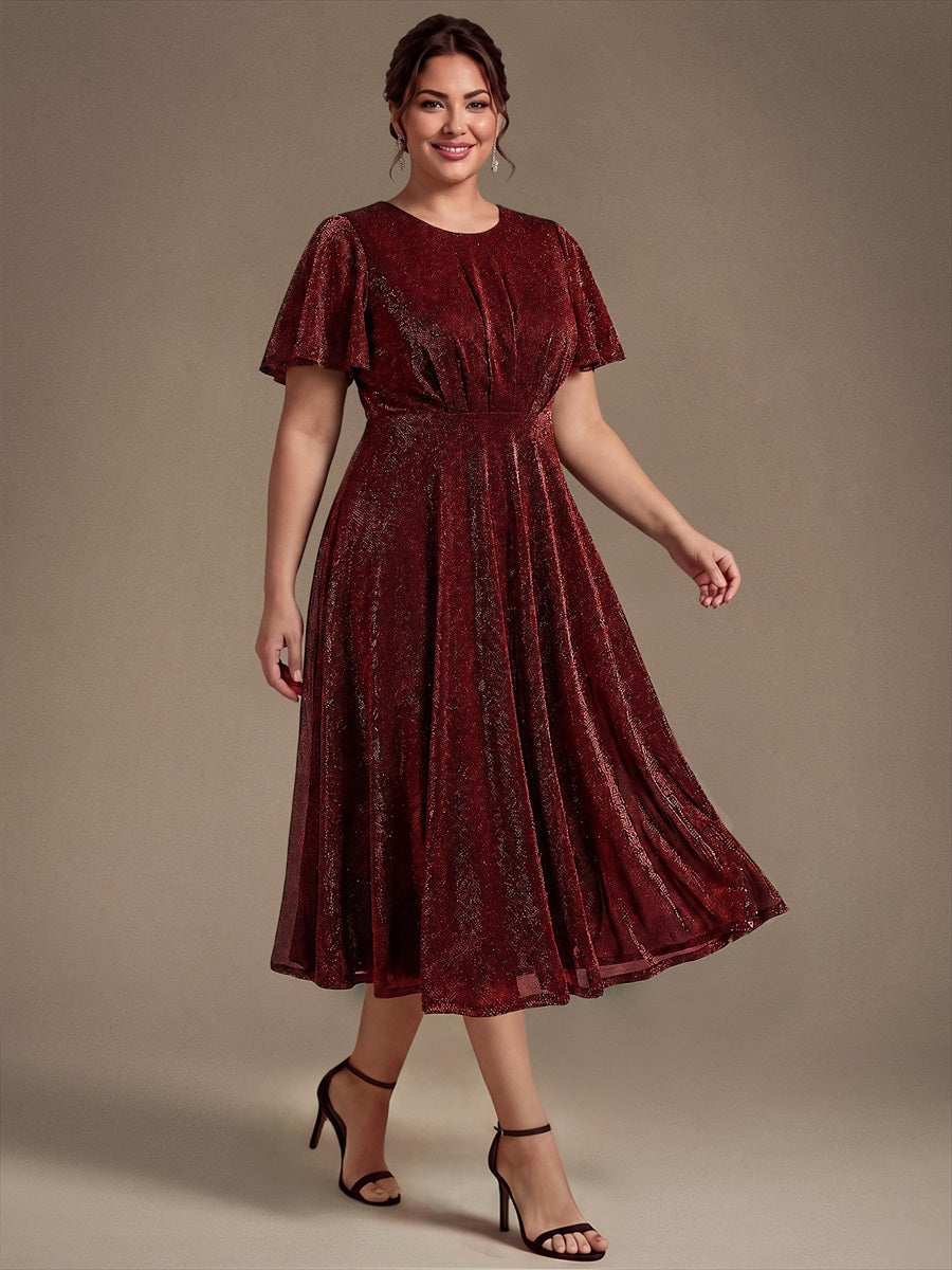 Knit Glitter Ruffles Sleeve A-Line Wedding Guest Dress #color_Burgundy