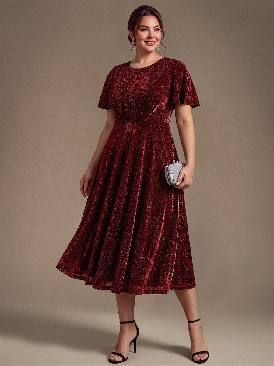 Knit Glitter Ruffles Sleeve A-Line Wedding Guest Dress #color_Burgundy