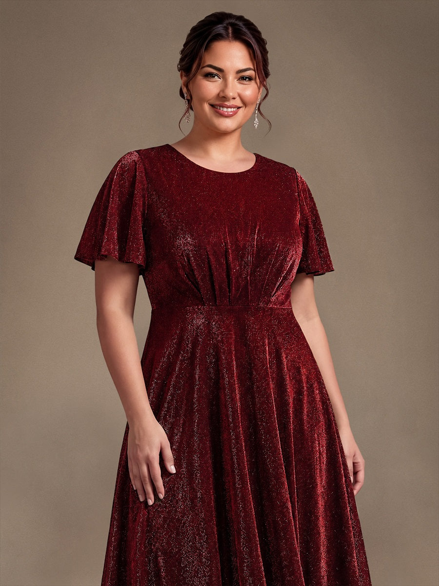 Knit Glitter Ruffles Sleeve A-Line Wedding Guest Dress #color_Burgundy
