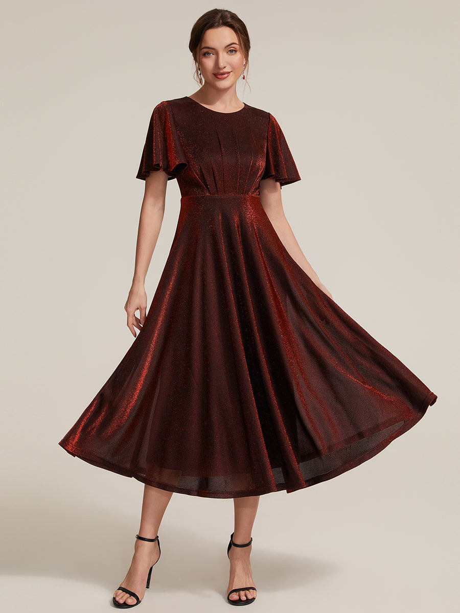Knit Glitter Ruffles Sleeve A-Line Wedding Guest Dress #color_Burgundy