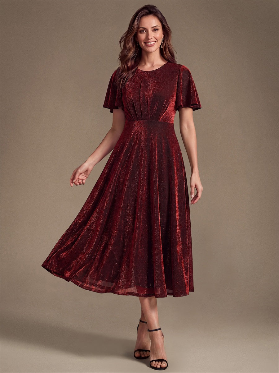 Knit Glitter Ruffles Sleeve A-Line Wedding Guest Dress #color_Burgundy