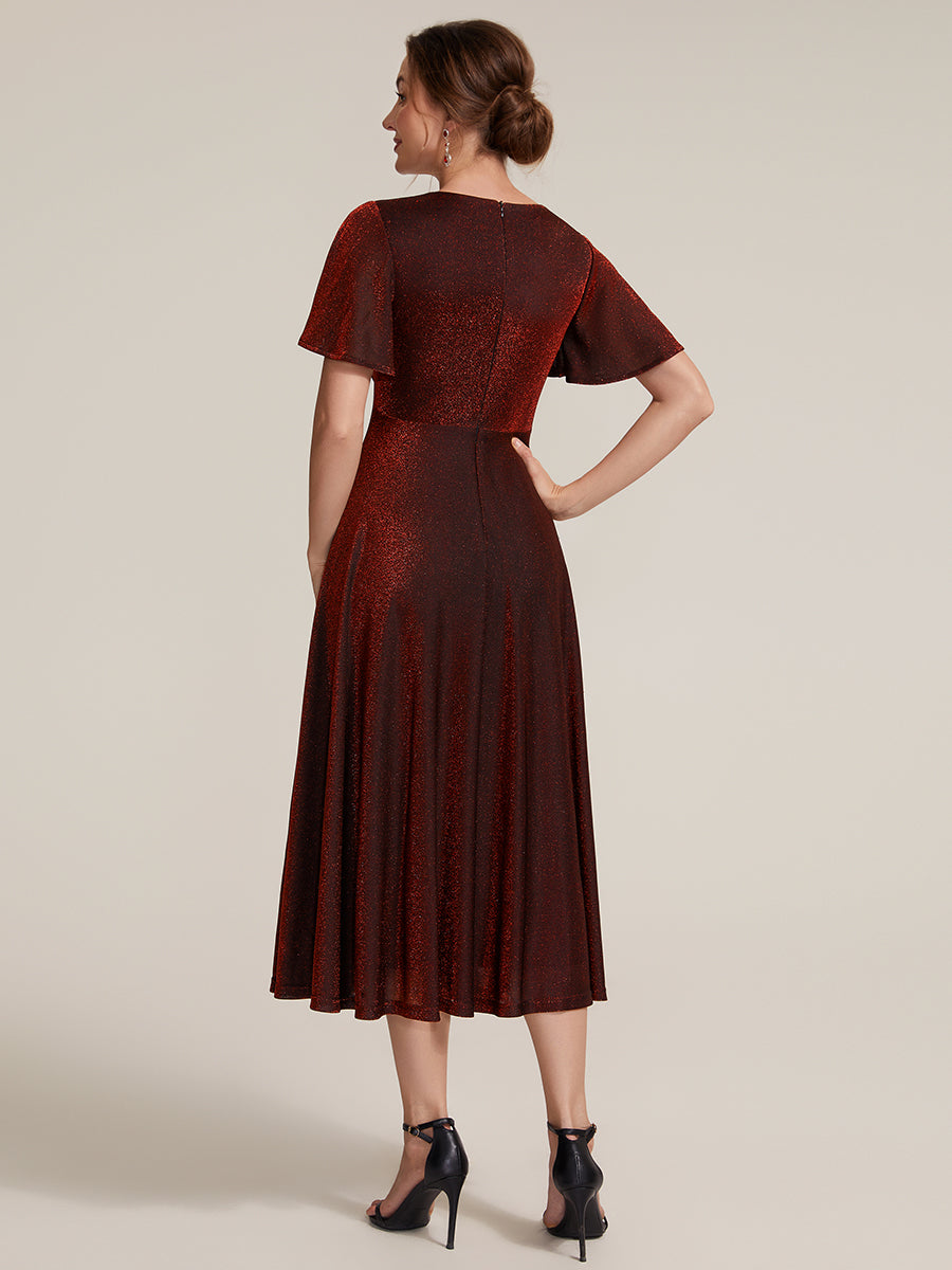 Knit Glitter Ruffles Sleeve A-Line Wedding Guest Dress #color_Burgundy
