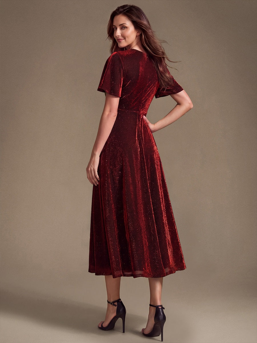 Knit Glitter Ruffles Sleeve A-Line Wedding Guest Dress #color_Burgundy