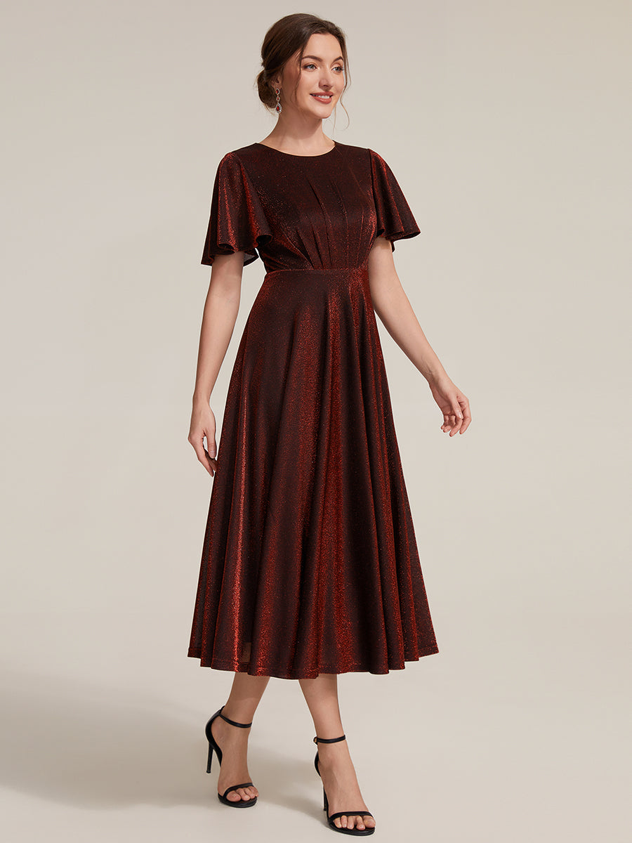 Knit Glitter Ruffles Sleeve A-Line Wedding Guest Dress #color_Burgundy