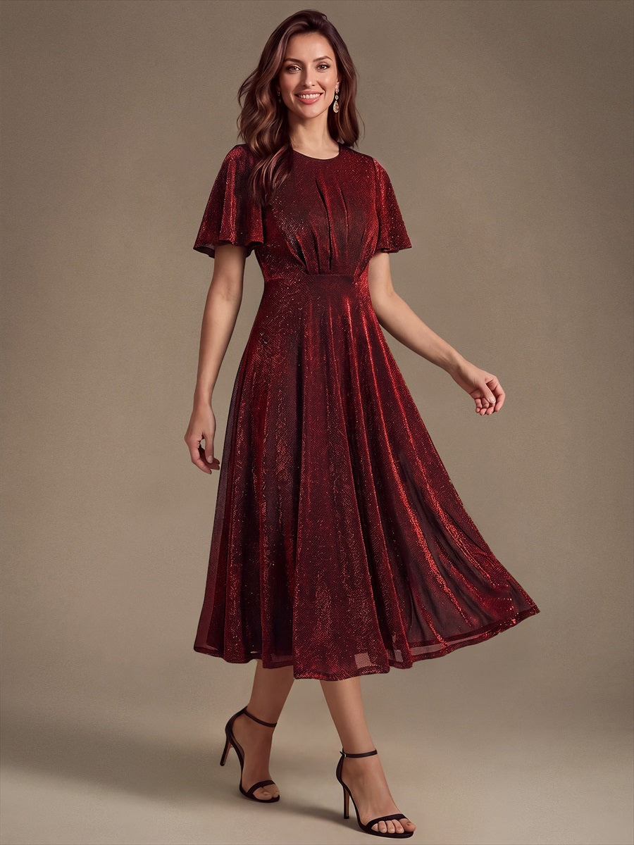 Knit Glitter Ruffles Sleeve A-Line Wedding Guest Dress #color_Burgundy