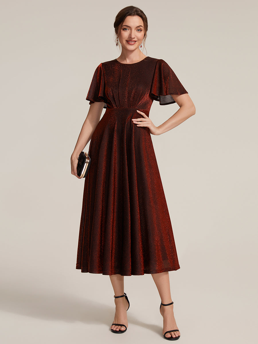 Knit Glitter Ruffles Sleeve A-Line Wedding Guest Dress #color_Burgundy