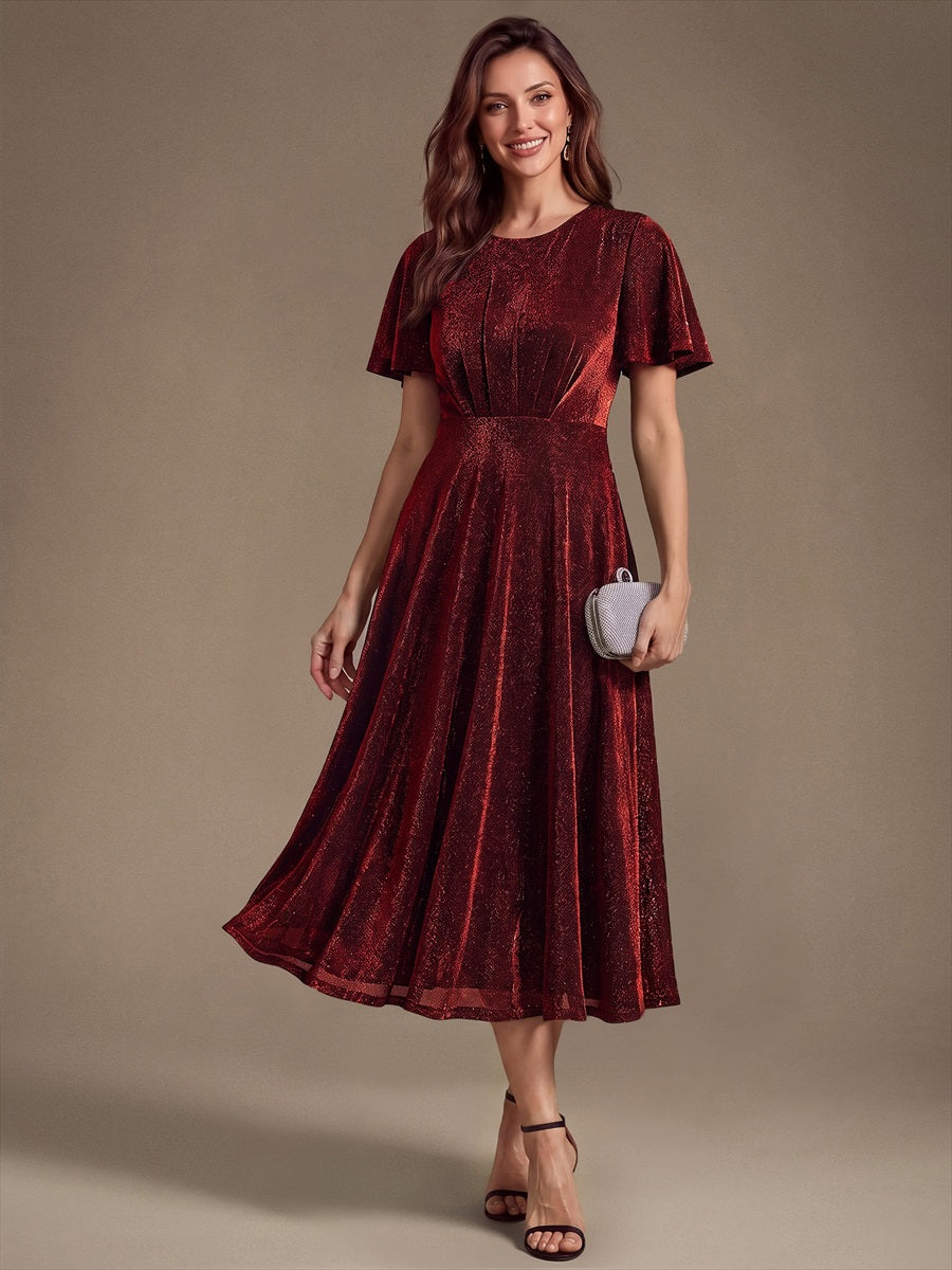 Knit Glitter Ruffles Sleeve A-Line Wedding Guest Dress #color_Burgundy
