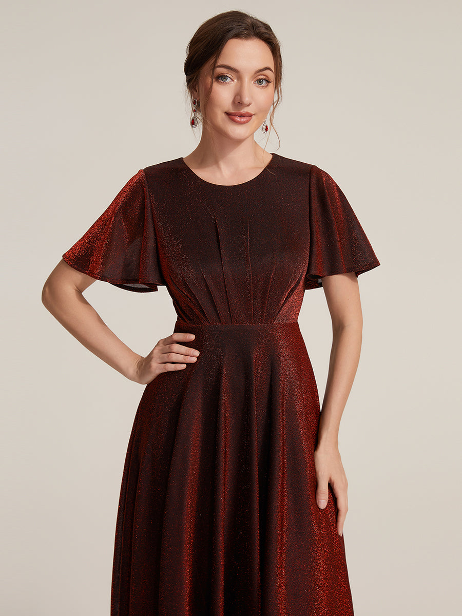 Knit Glitter Ruffles Sleeve A-Line Wedding Guest Dress #color_Burgundy