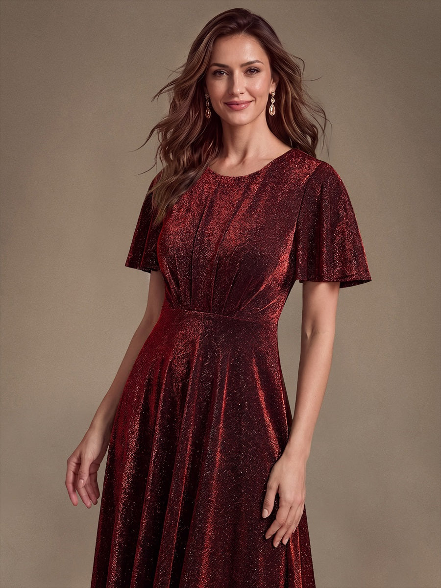 Knit Glitter Ruffles Sleeve A-Line Wedding Guest Dress #color_Burgundy