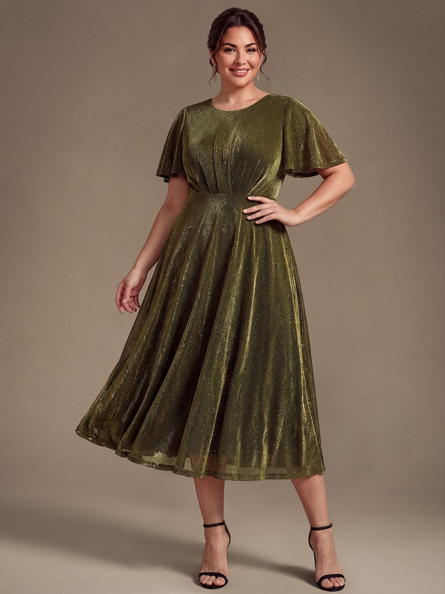 Knit Glitter Ruffles Sleeve A-Line Wedding Guest Dress #color_Metallic Gold