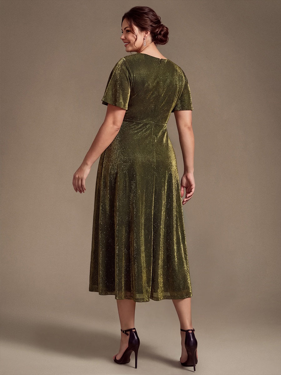 Knit Glitter Ruffles Sleeve A-Line Wedding Guest Dress #color_Metallic Gold