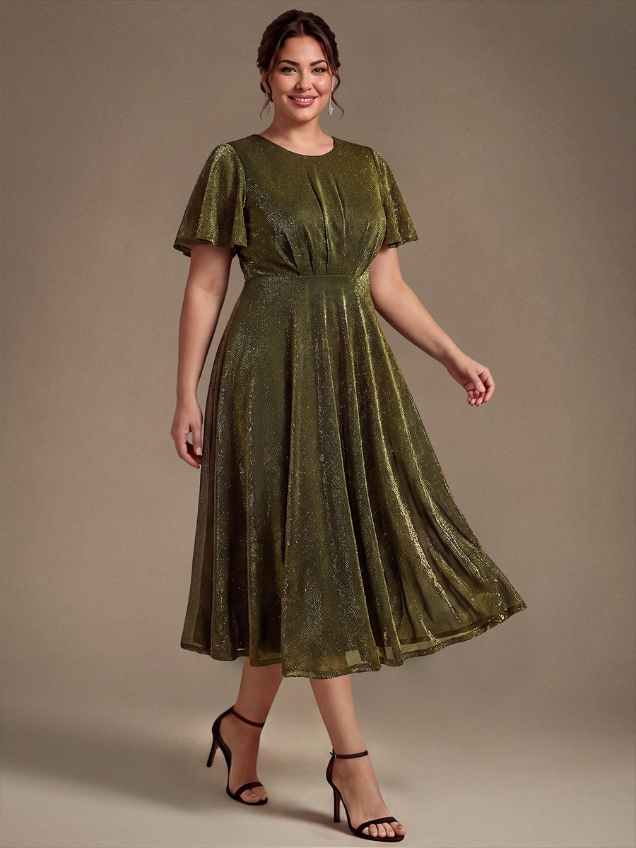 Plus Size Knit Fitted Sleeve Wedding Guest Dress #color_Metallic Gold