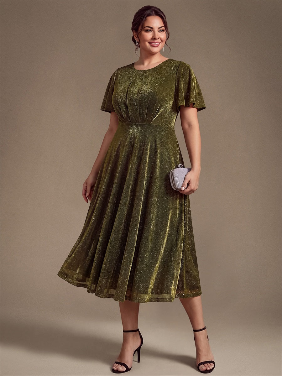 Knit Glitter Ruffles Sleeve A-Line Wedding Guest Dress #color_Metallic Gold
