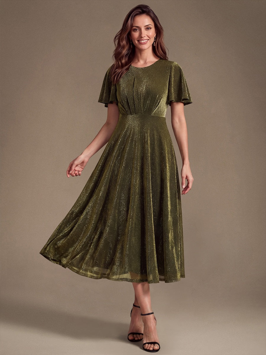 Knit Glitter Ruffles Sleeve A-Line Wedding Guest Dress