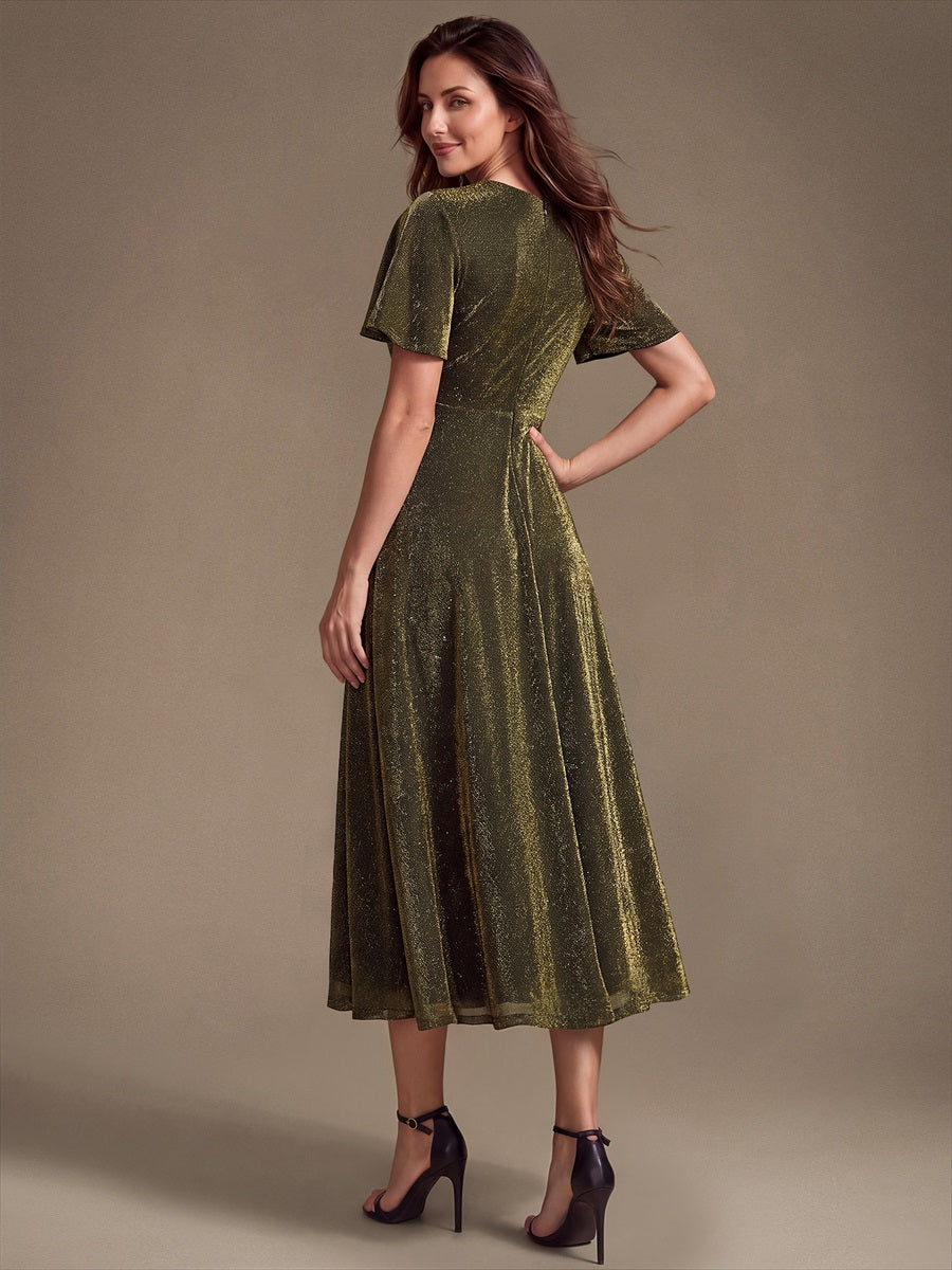 Knit Glitter Ruffles Sleeve A-Line Wedding Guest Dress #color_Metallic Gold