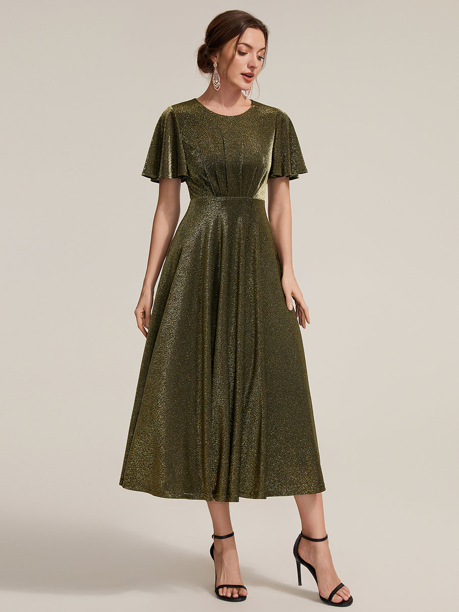 Knit Glitter Ruffles Sleeve A-Line Wedding Guest Dress #color_Metallic Gold