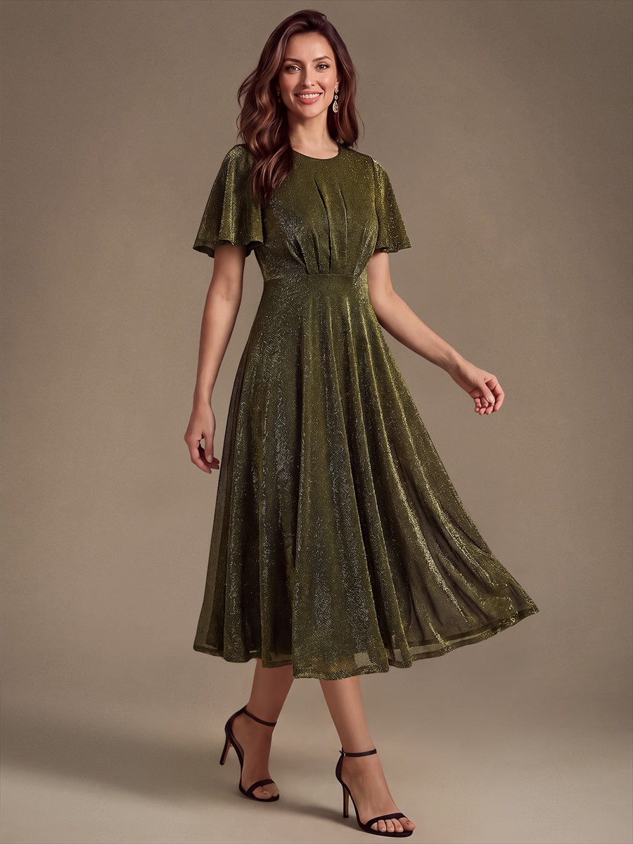 Knit Glitter Ruffles Sleeve A-Line Wedding Guest Dress #color_Metallic Gold