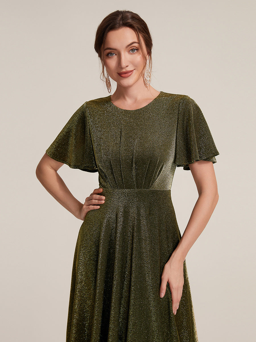 Knit Glitter Ruffles Sleeve A-Line Wedding Guest Dress #color_Metallic Gold