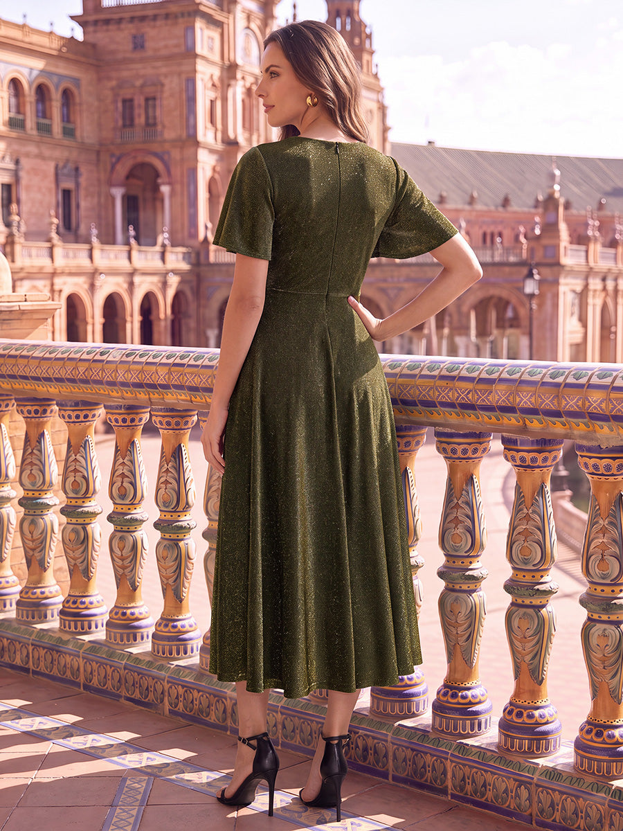Knit Glitter Ruffles Sleeve A-Line Wedding Guest Dress #color_Metallic Gold